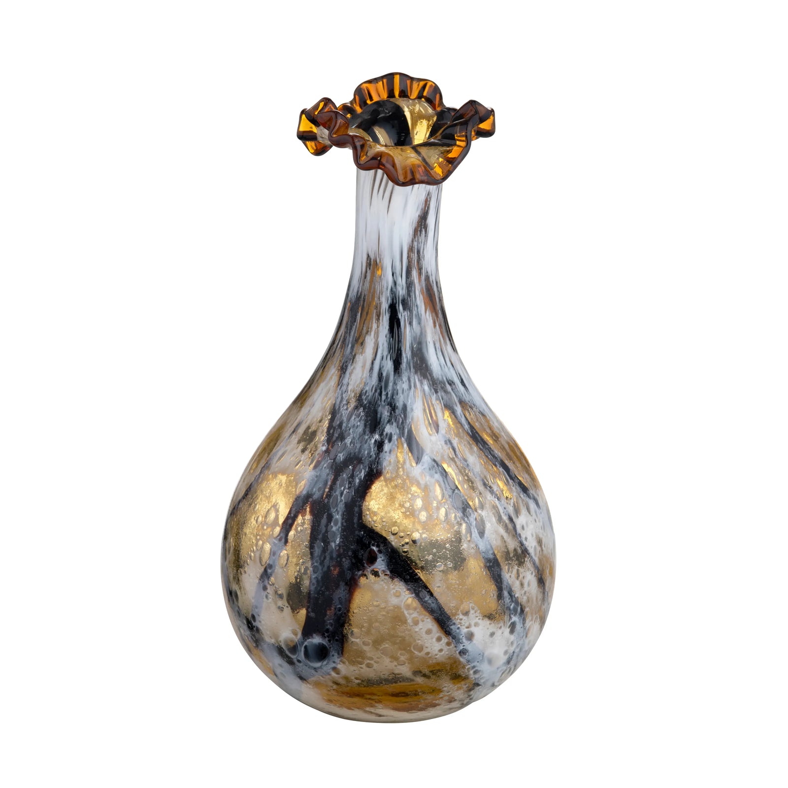 A decorative glass vase with a bulbous rounded body, a narrow neck, and a ruffled flared rim. The vase has a marbled pattern of metallic gold, white, and dark gray/black glass.