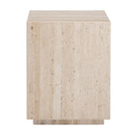 A beige travertine square end table with a simple design.