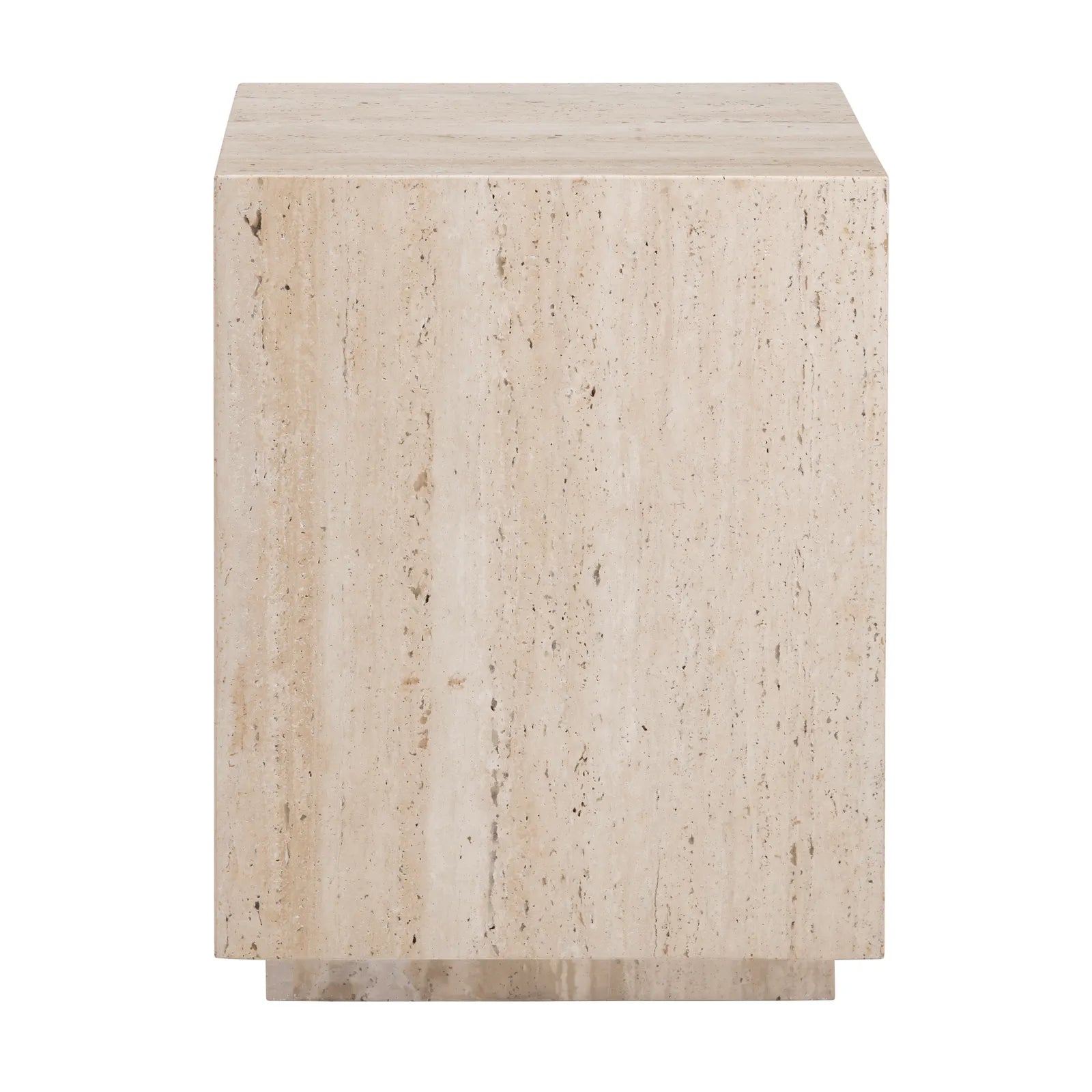 A beige travertine square end table with a simple design.