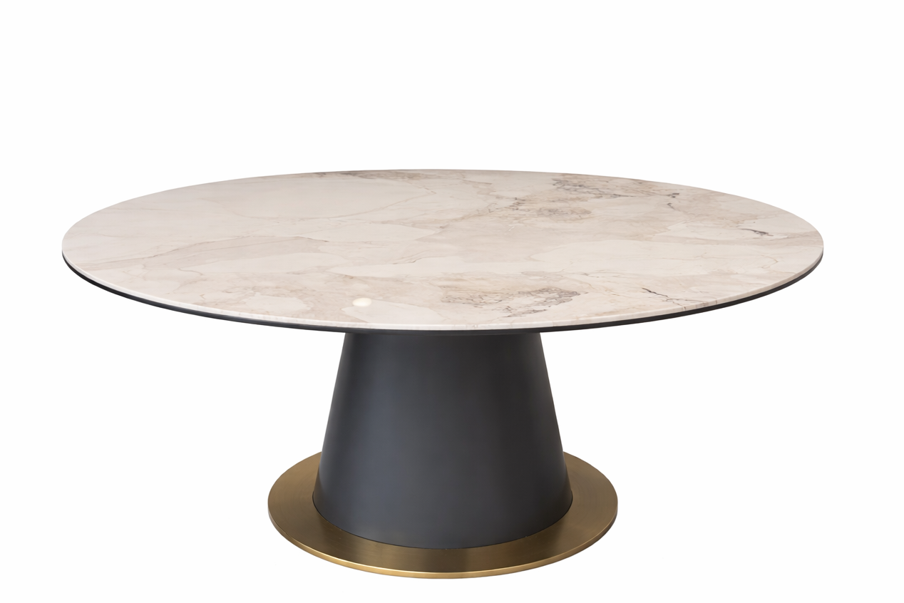Round marble dining table with a dark base and gold accent on a white background