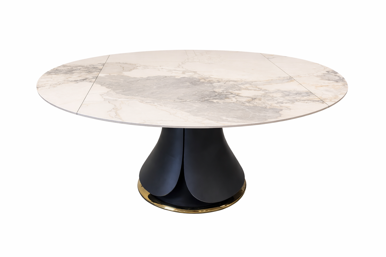 Round marble table with black base on a white background