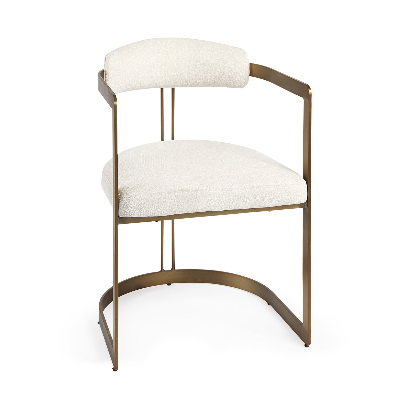 Chair with white cushioned seat and backrest on a gold metal frame against a white background