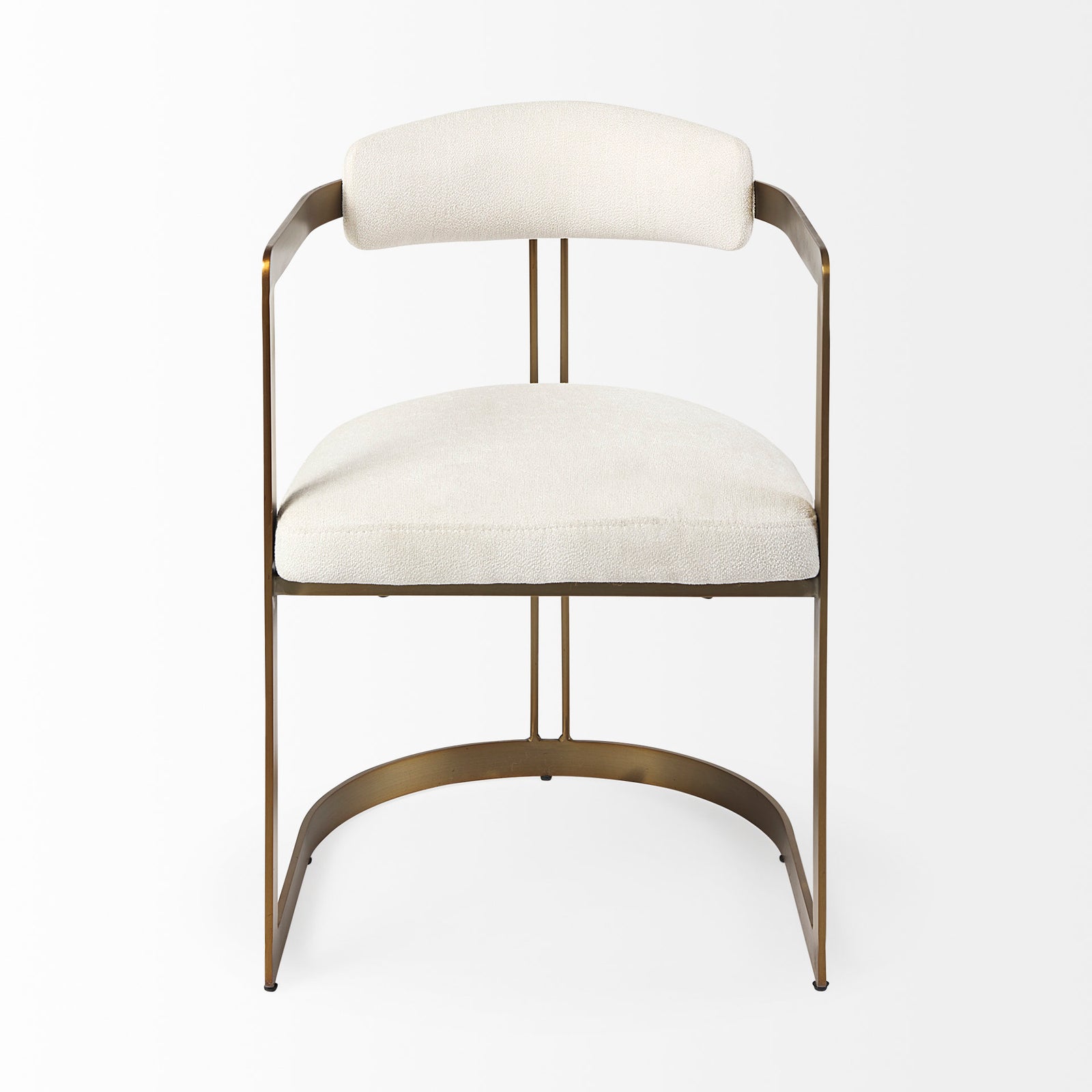 A modern dining chair with a white upholstered seat and backrest, and a metallic gold frame.