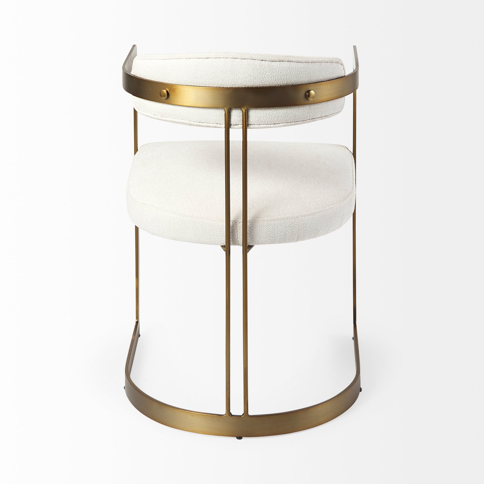 Chair with white cushioned seat and backrest on a gold metal frame against a white background