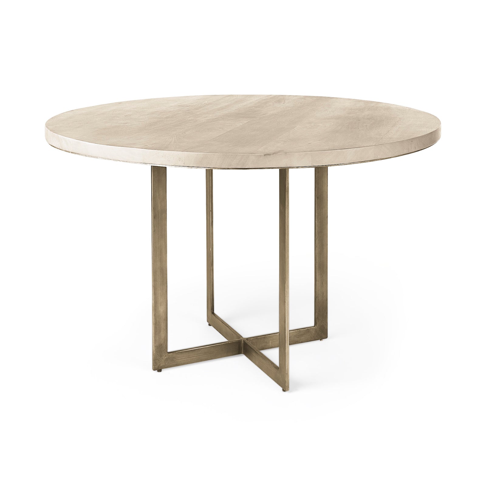 Round dining table with a beige-colored wooden top and a metallic crisscross base.