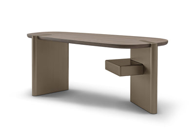 Brown L-shaped desk with a small drawer on a white background
