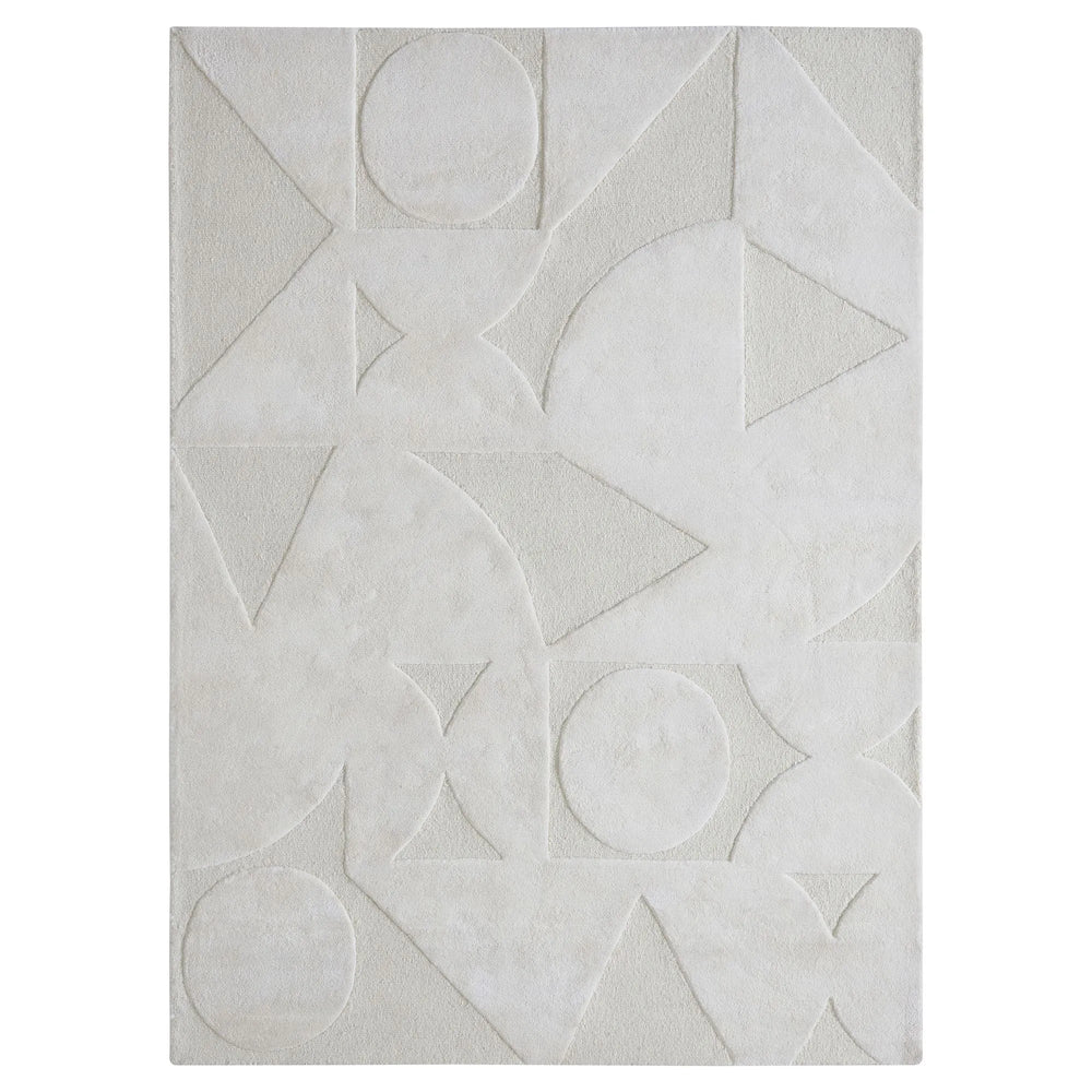 Geometric patterned rug with shapes on a light gray background