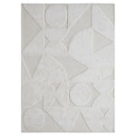 Geometric patterned rug with shapes on a light gray background