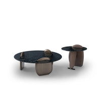 Two modern coffee tables with dark glass tops and brown wooden legs on a white background