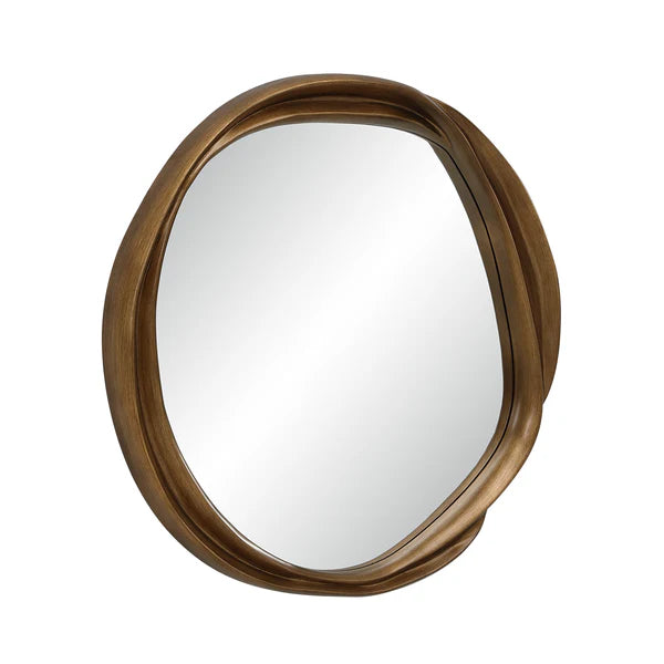 Round mirror with a wooden frame on a white background