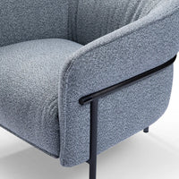 Gray textured sofa with black metal armrest on a white background