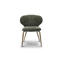 Modern chair with green cushioned seat and bronze legs on a white background