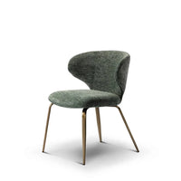 Green upholstered chair with gold legs on a white background