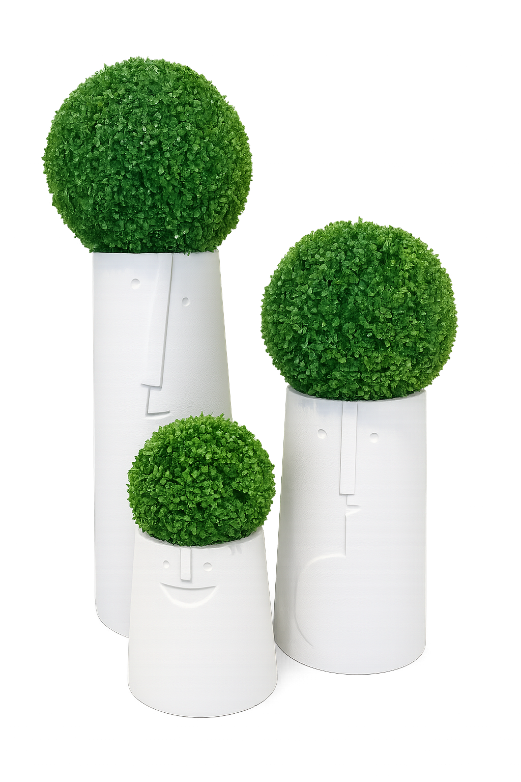 Three artificial topiary balls in white cylindrical pots on a white background