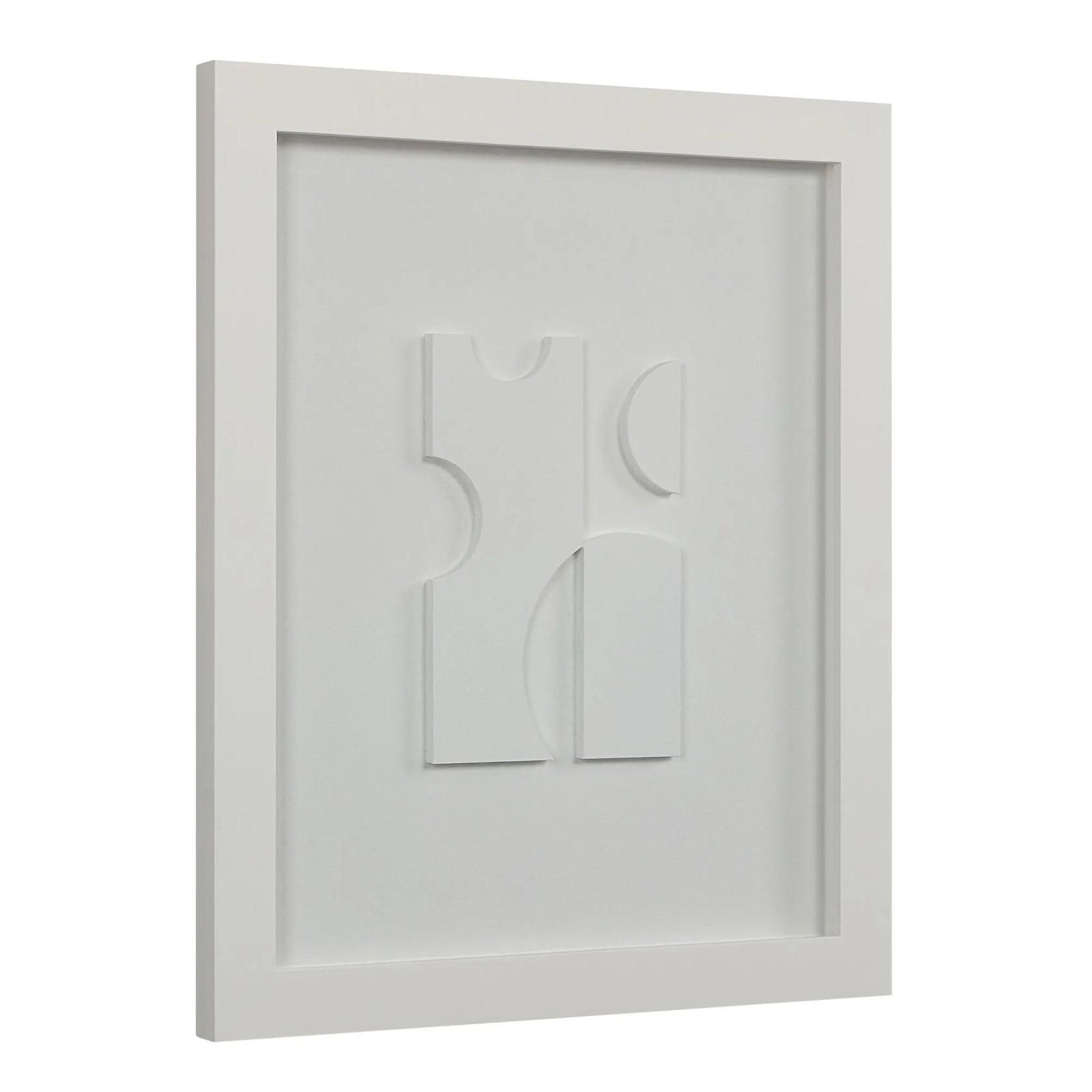 White framed abstract art piece with geometric design on a white background