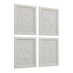 Four white framed abstract art pieces on a white background