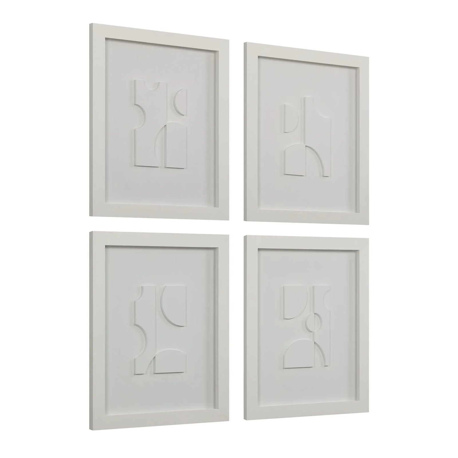 Four white framed abstract art pieces on a white background