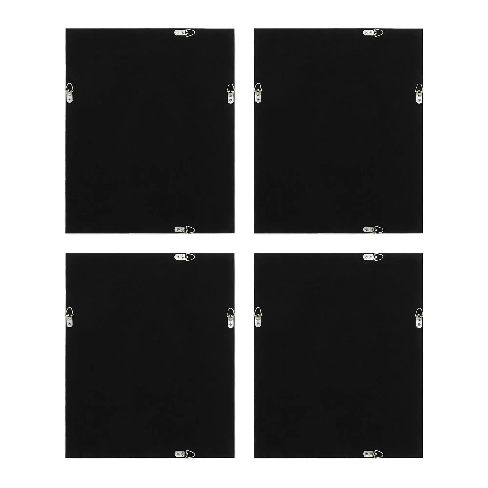 Four black square panels with clips on a white background