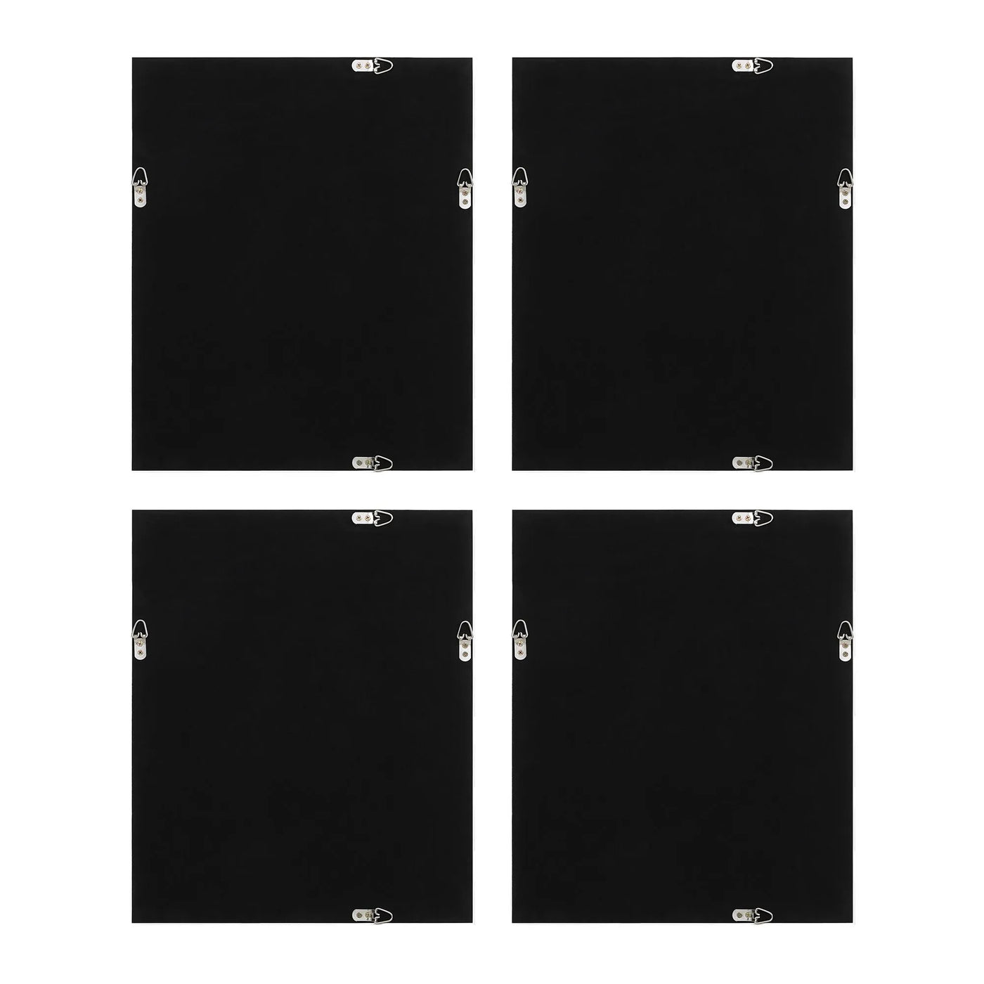 Four black square panels with clips on a white background
