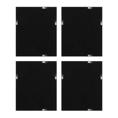 Four black square panels with clips on a white background