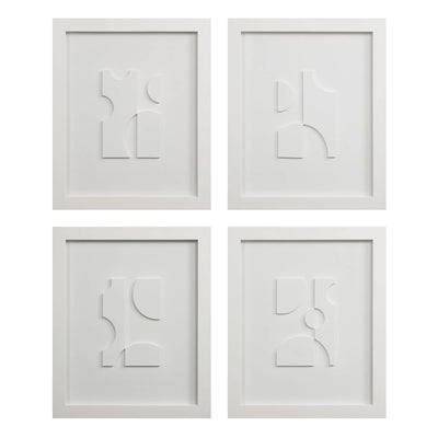 Four white framed abstract wall art pieces on a white background