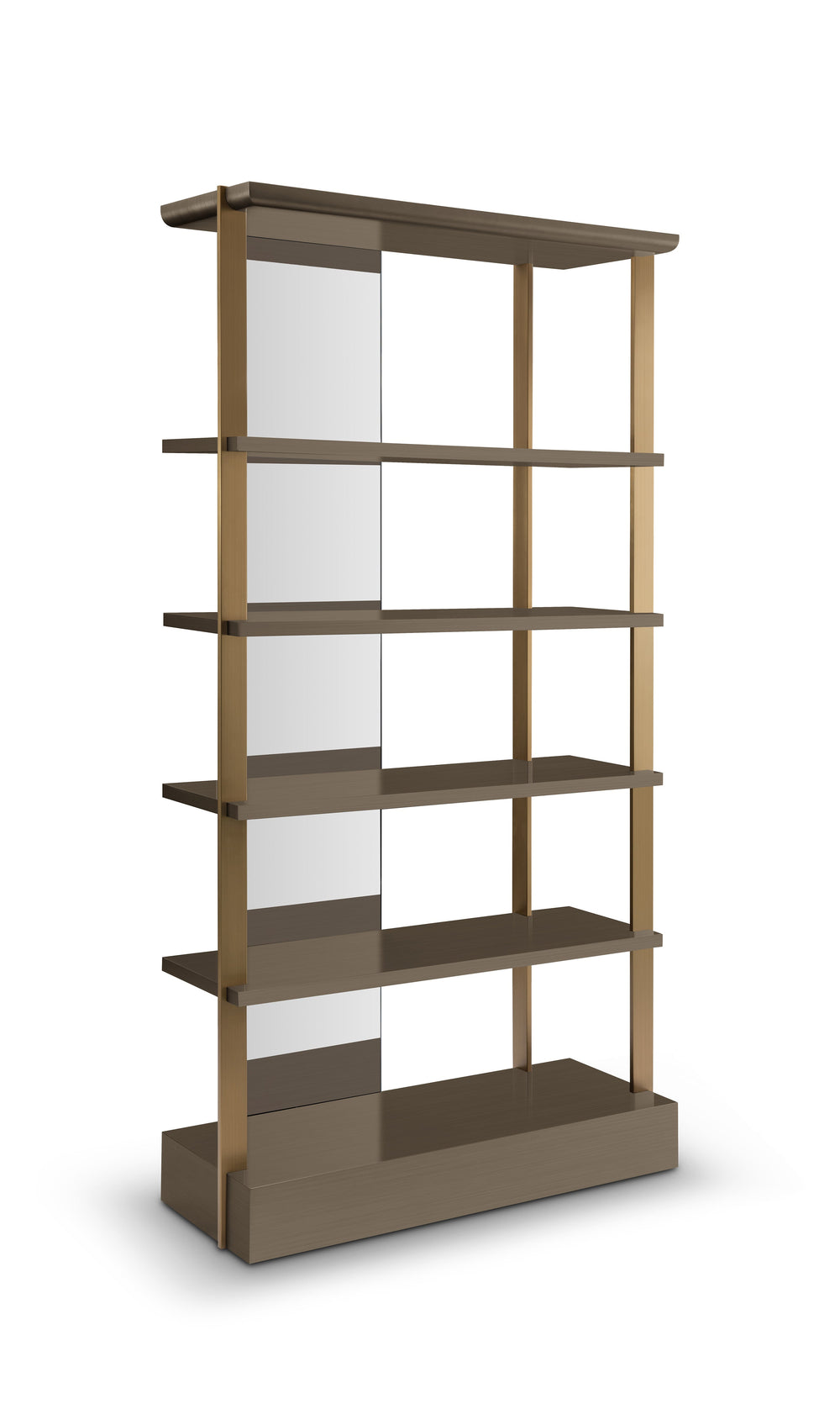 Wooden bookshelf with glass panels on a white background