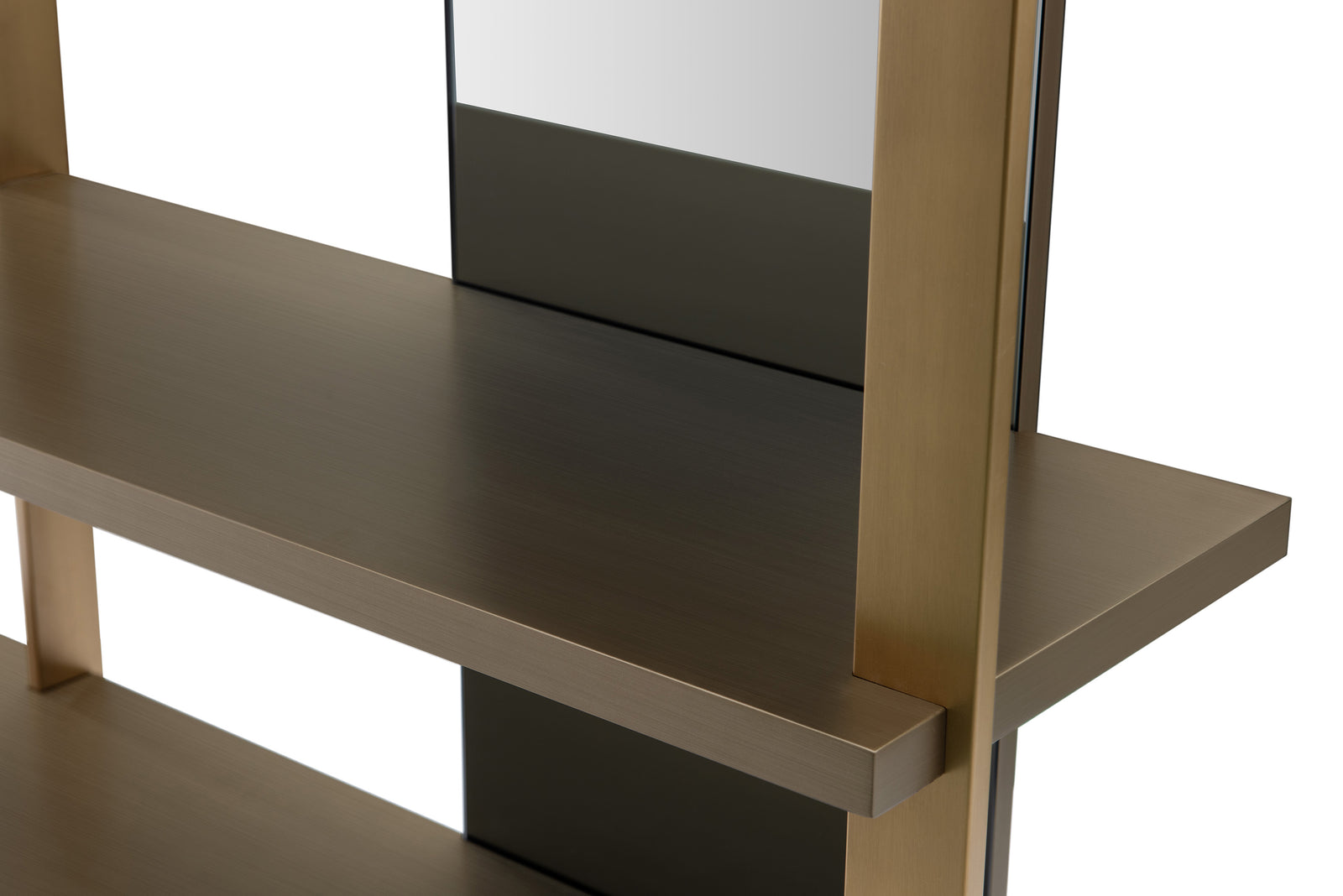 Modern shelving unit with a reflective surface on a white background