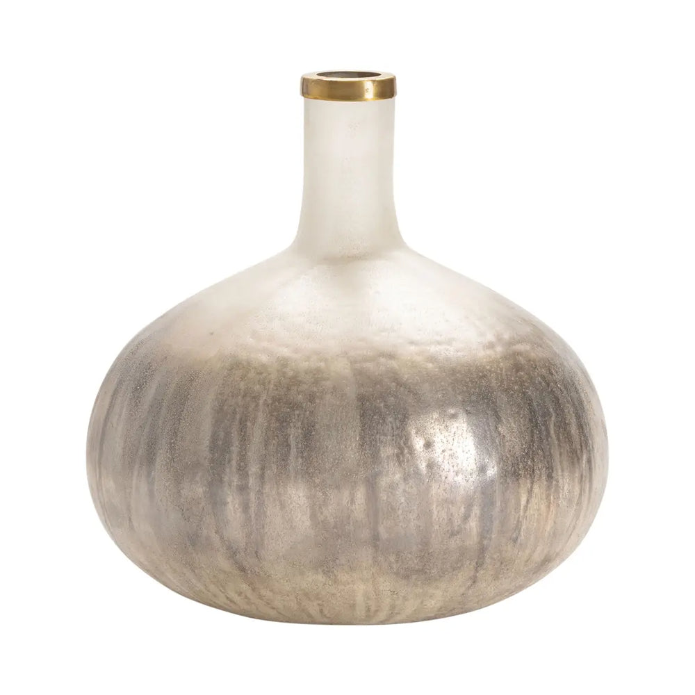 A silver and white striped glass vase with a narrow neck and wider base, set against a white background.