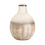 A tall, white and beige striped vase with a gold rim.