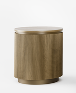 Two wooden side tables with a white top on a light gray background