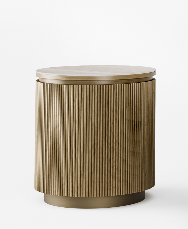 Two wooden side tables with a white top on a light gray background