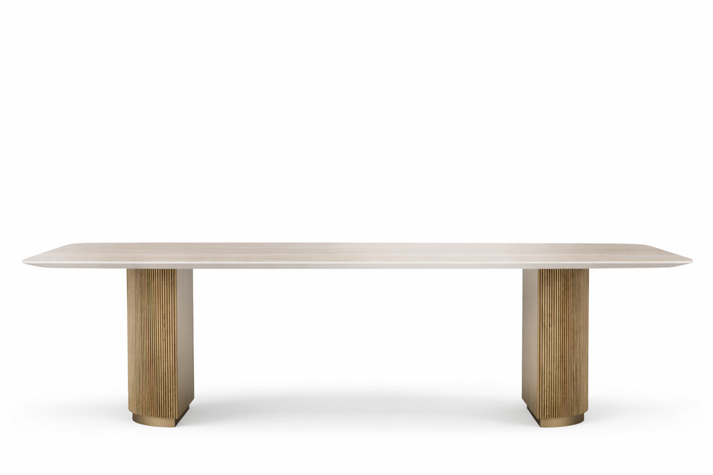 Dining table with marble top and wooden legs on a white background