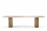 Dining table with marble top and wooden legs on a white background