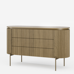 Wooden dresser with three drawers on a white background