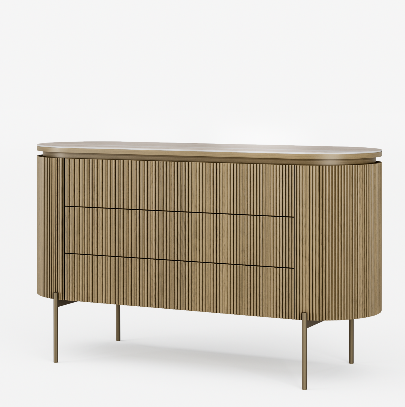 Wooden dresser with three drawers on a white background