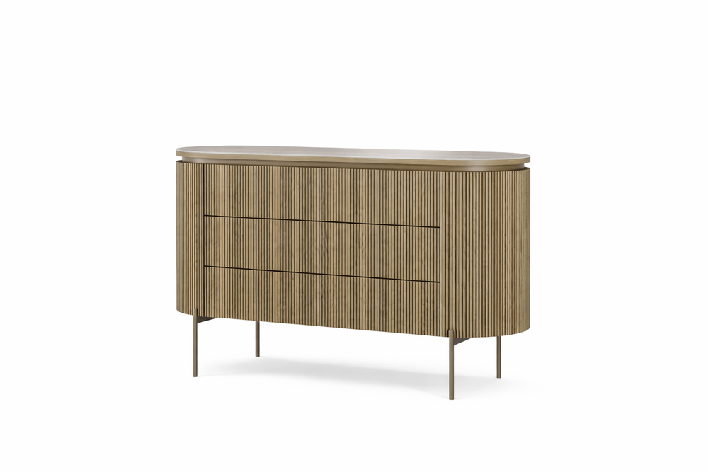 Wooden dresser with three drawers on a white background