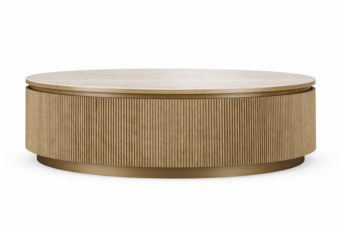 Round wooden coffee table with a white top on a white background