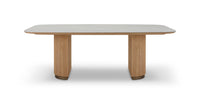 Rectangular table with a light wood finish on a white background