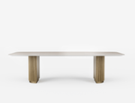 Modern dining table with a light wood finish on a white background