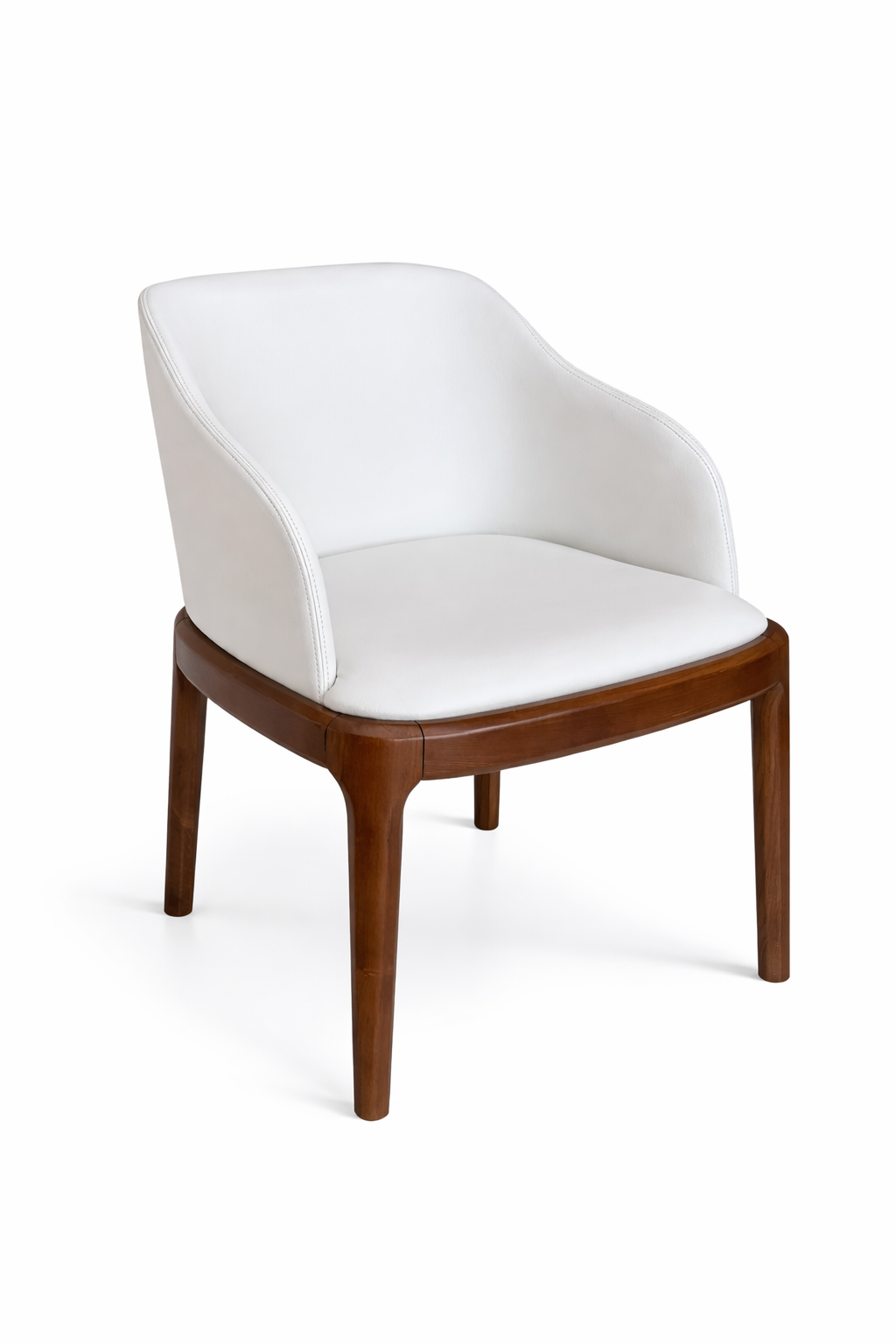 Chair with white cushioned seat and backrest on a wooden frame against a white background