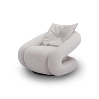 Modern, light gray chair with a unique design on a white background