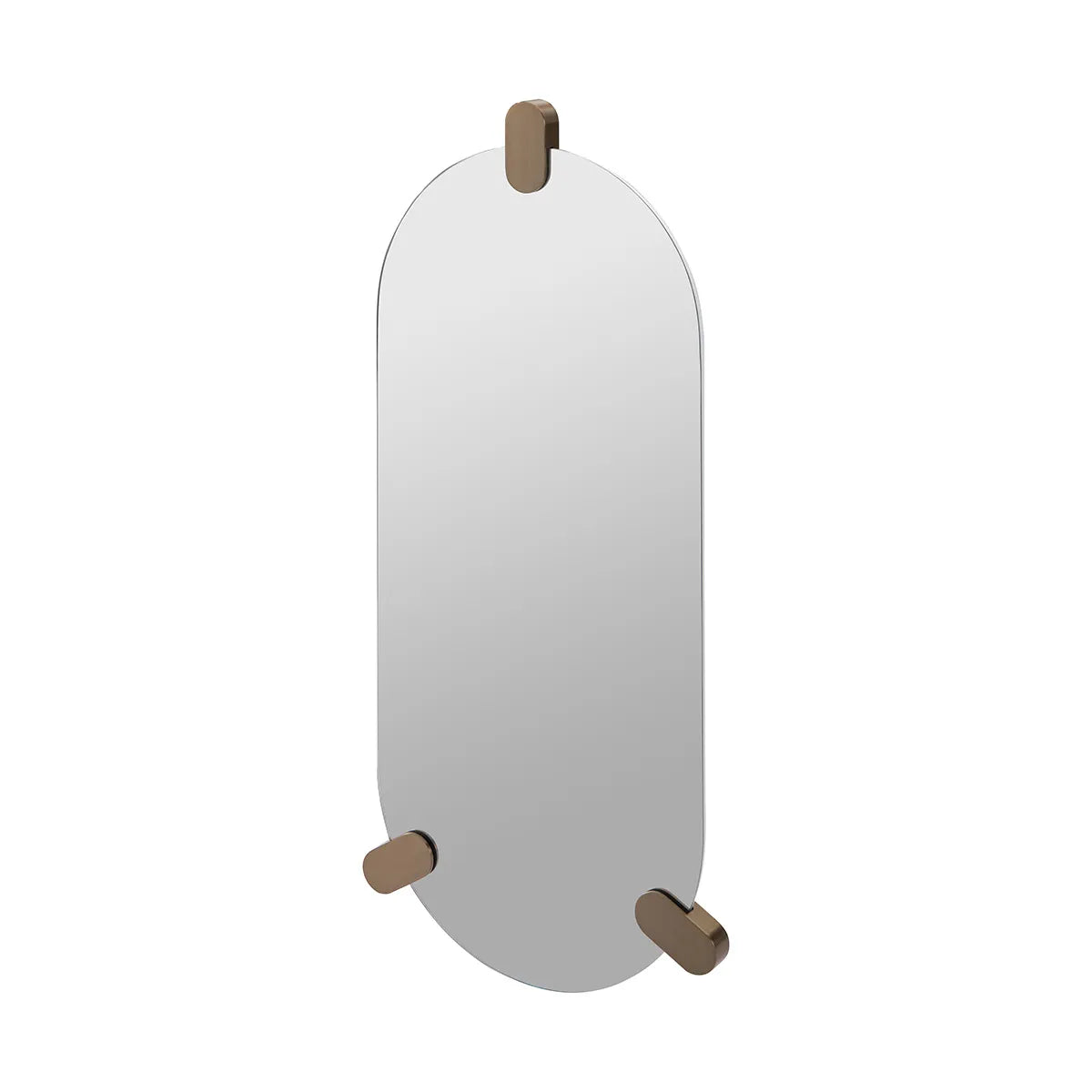 Wall-mounted mirror with wooden brackets on a white background
