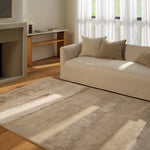 Beige sofa with decorative pillows in a living room setting with a large rug.