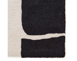 A black and white geometric patterned area rug.