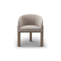 Beige upholstered chair with wooden legs on a white background