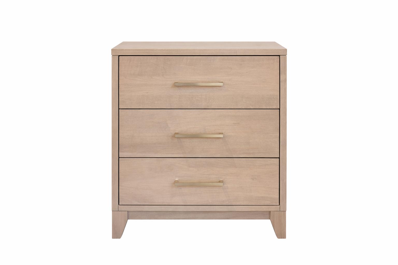 Wooden nightstand with three drawers on a white background