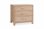 Wooden dresser with three drawers and gold handles on a white background