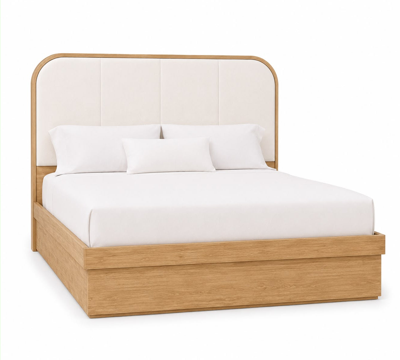 A modern platform bed with a light oak wood frame and a tall, curved upholstered headboard in off-white fabric, shown with white bedding on a solid white background.