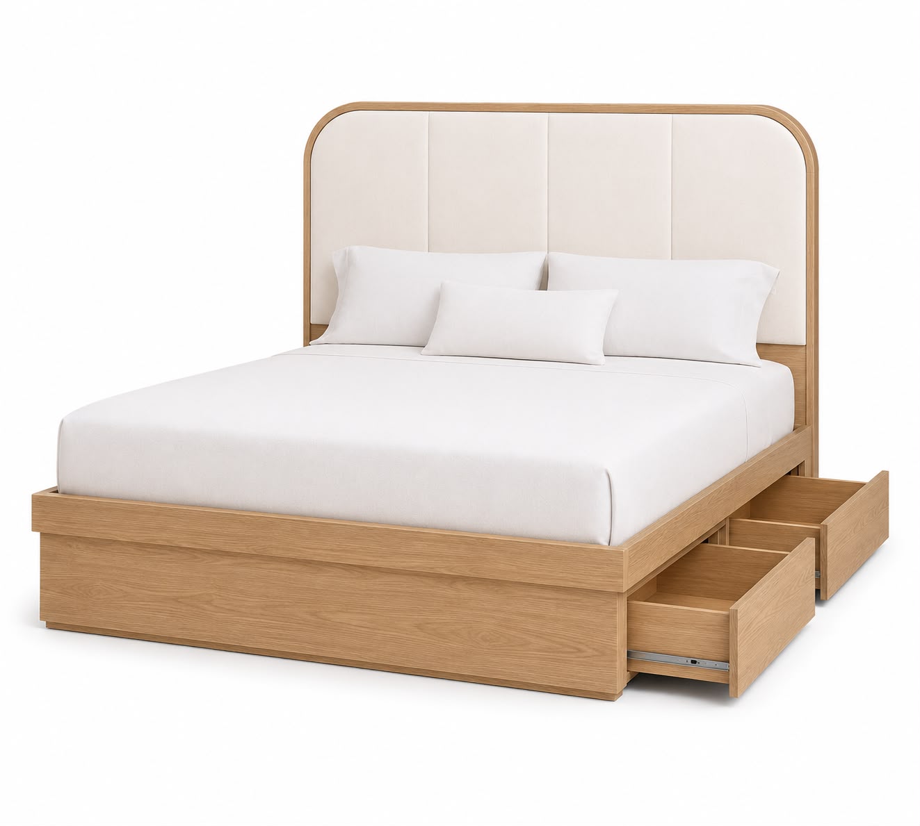 A modern platform bed with a light oak wood frame, a tall padded headboard, and two pull-out storage drawers on the right side, shown with white bedding on a white background.