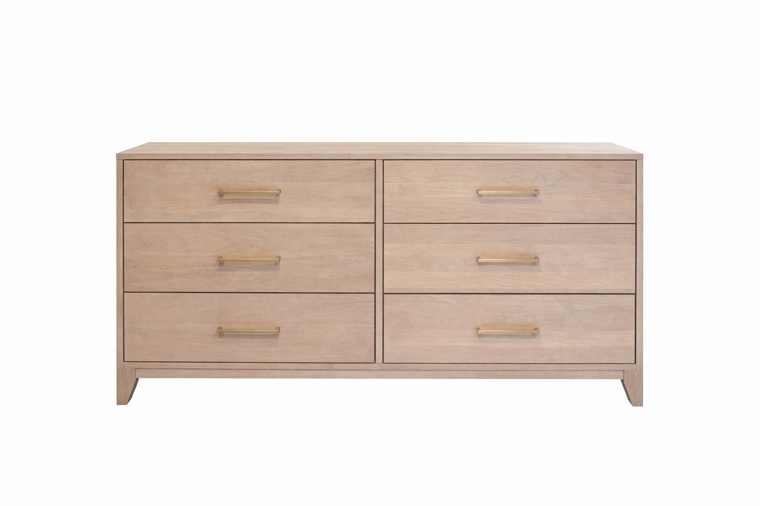 Wooden dresser with six drawers and gold handles on a white background